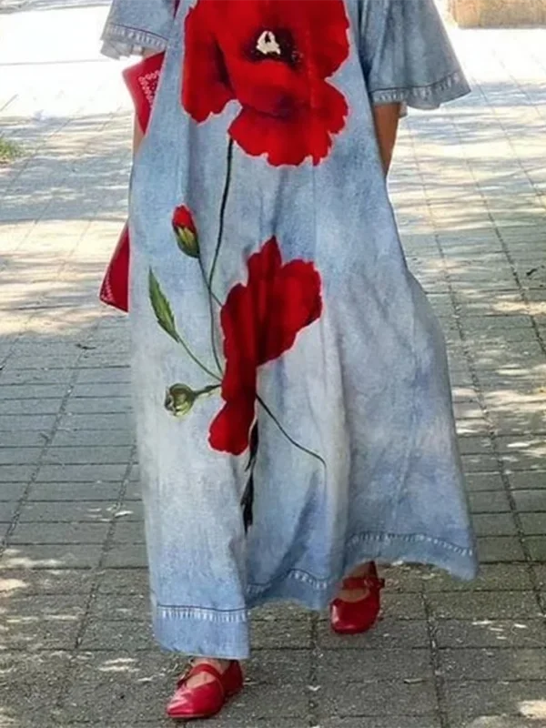 Loose Flower Print Maxi Dress for Woman Not Denim Vintage Half Sleeves V-neck Women's Summer Casual Vacation Long Dress