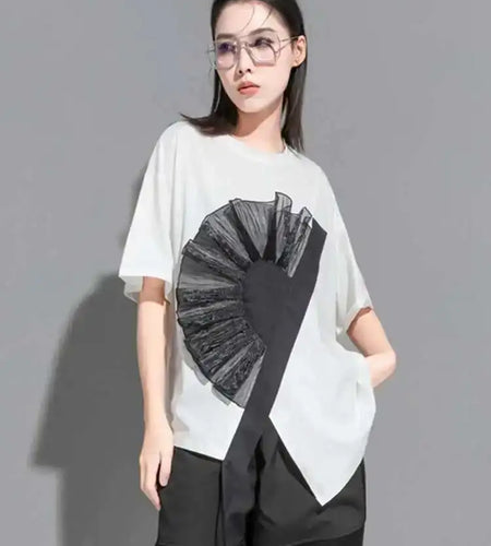 Women White Flower Ruffles Ribbon Big Size T-shirt New Round Neck Short Sleeve Fashion Tide Spring Summer  2025 1DE8699