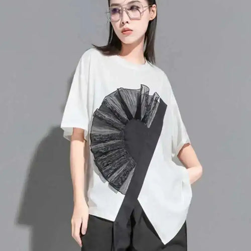 Load image into Gallery viewer, Women White Flower Ruffles Ribbon Big Size T-shirt New Round Neck Short Sleeve Fashion Tide Spring Summer  2025 1DE8699
