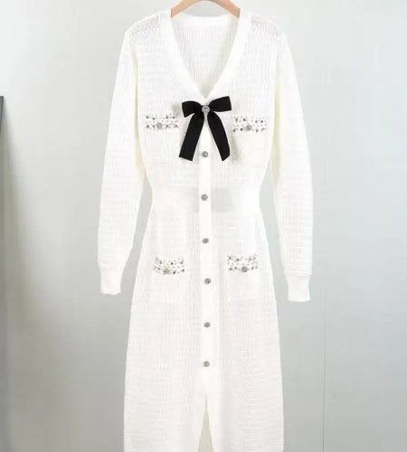 Autumn Winter Black White Single Breasted Diamonds Sweater Dress Korean Green Elegant Office Women's Long Sleeve Bow Knit Dress