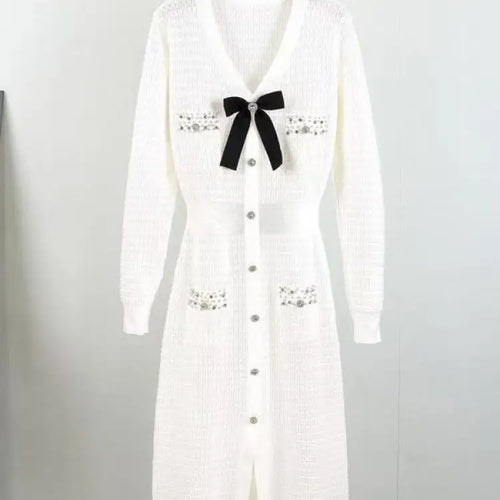 Load image into Gallery viewer, Autumn Winter Black White Single Breasted Diamonds Sweater Dress Korean Green Elegant Office Women's Long Sleeve Bow Knit Dress
