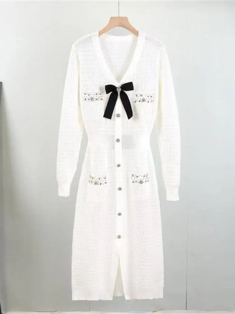 Autumn Winter Black White Single Breasted Diamonds Sweater Dress Korean Green Elegant Office Women's Long Sleeve Bow Knit Dress