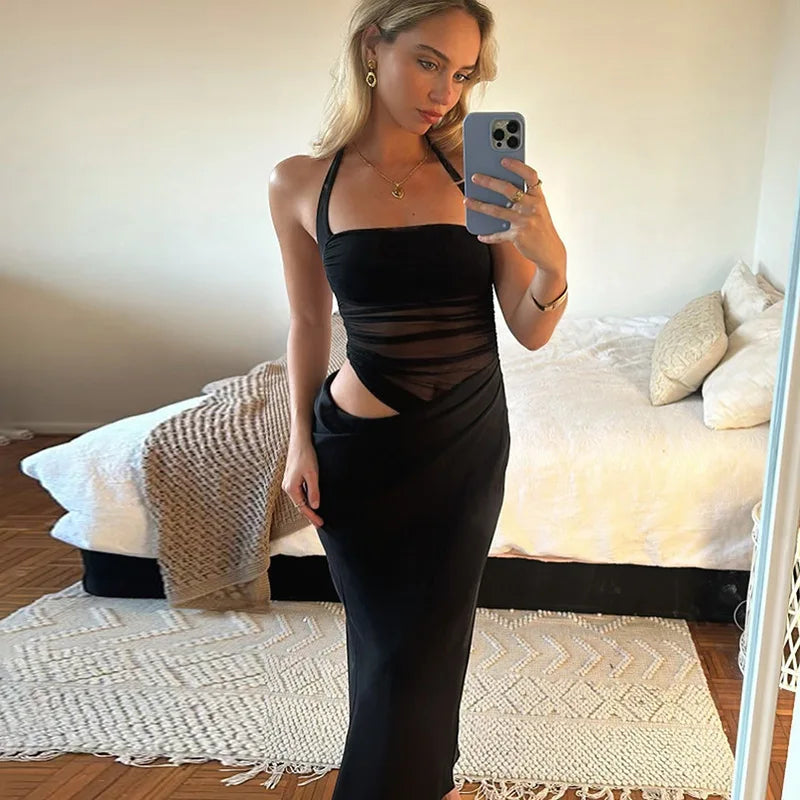 Mesh Patchwork Backless Sexy Maxi Dress For Women Gown Fashion Halter Sleeveless Strapless Bodycon Club Long Dress