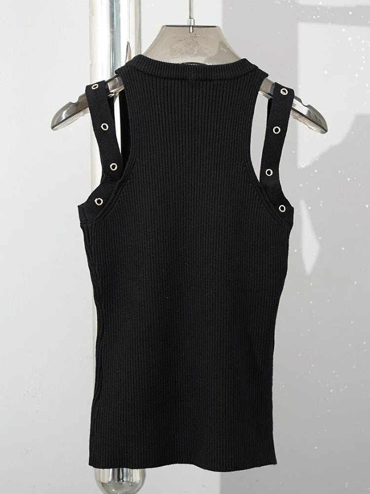 Patchwork Metal Buckle Tank Top For Women Round Neck Sleeveless Solid Slimming Off Shoulder Vest Female Fashion