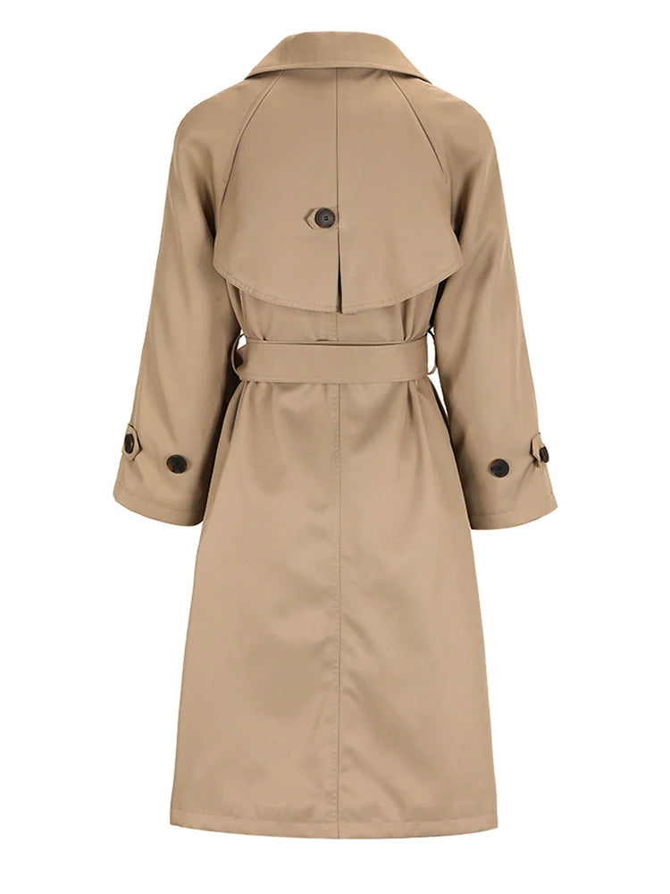 Women Khaki Belted Big Size Long Trench New Lapel Long Sleeve Loose Fit Windbreaker Fashion Spring Autumn 2025 CPG0584