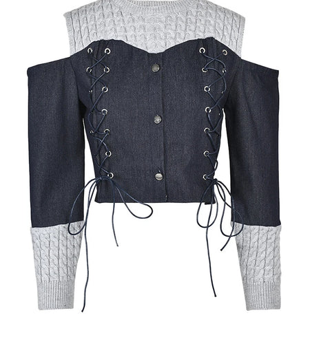 Women Blue Knitting Denim Bandage Elegant T-shirt New Round Neck Long Sleeve Fashion Tide Spring Autumn 2025 1LD0815