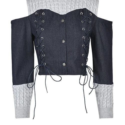 Load image into Gallery viewer, Women Blue Knitting Denim Bandage Elegant T-shirt New Round Neck Long Sleeve Fashion Tide Spring Autumn 2025 1LD0815
