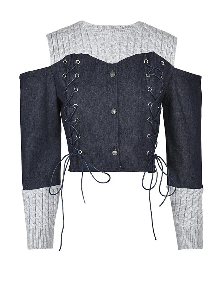 Women Blue Knitting Denim Bandage Elegant T-shirt New Round Neck Long Sleeve Fashion Tide Spring Autumn 2025 1LD0815