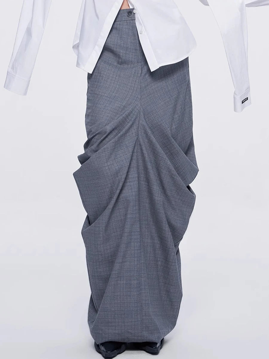 Solid Spliced Folds Slimming Dress For Women High Wiast Temperament Elegant Long Skirt Female Fashion Style Clothes