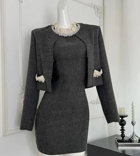 Autumn Winter Fashion Women's Set 2024 New Korean Gray Button Short Coat And Round Neck Ruffles Pearl Vest Dress Two Piece Suits