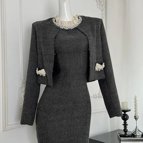 Load image into Gallery viewer, Autumn Winter Fashion Women's Set 2024 New Korean Gray Button Short Coat And Round Neck Ruffles Pearl Vest Dress Two Piece Suits
