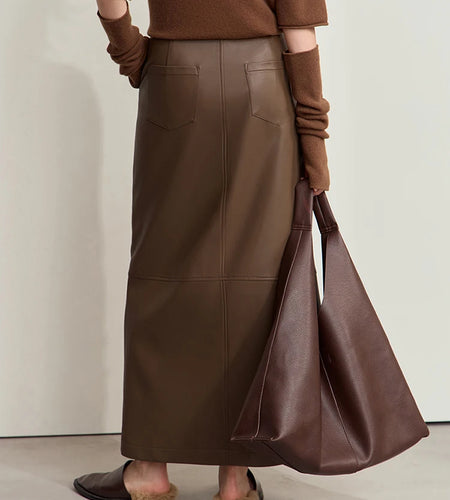 Minimalist Women's Retro Leather Skirts Eco-friendly PU Split A-line Female 2024 Winter Simple Commuter Clothing 12444182