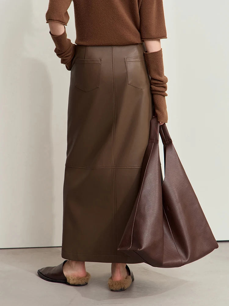 Minimalist Women's Retro Leather Skirts Eco-friendly PU Split A-line Female 2024 Winter Simple Commuter Clothing 12444182