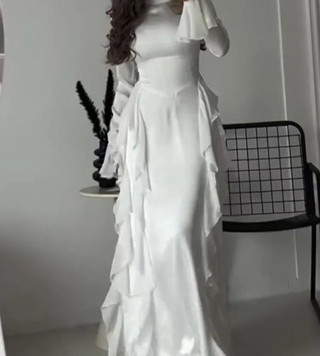 Elegant Long Sleeved Ruffled Round Neck Maxi Dress For Women's Spring New 2025 Party Club Evening Dress Slim Vestidos