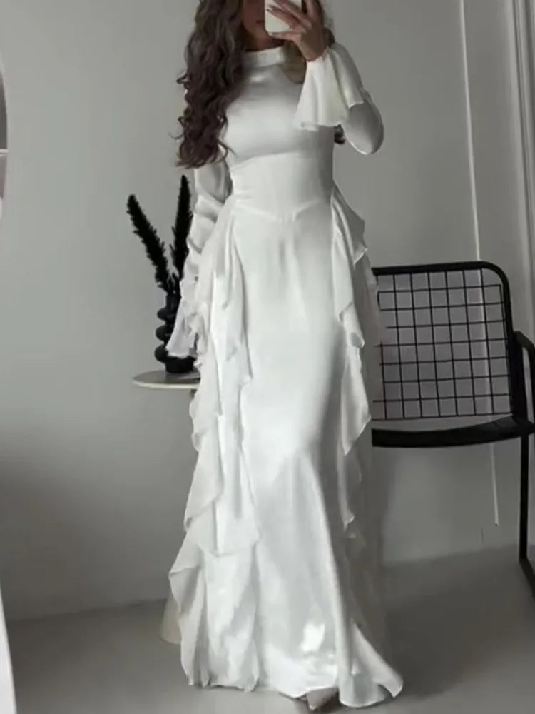 Elegant Long Sleeved Ruffled Round Neck Maxi Dress For Women's Spring New 2025 Party Club Evening Dress Slim Vestidos