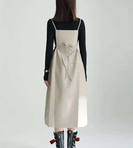 Women Apricot PU Leather Big Size Spaghetti Strap Dress New Square Collar Loose Fit Fashion Spring Autumn 2025 1DF4804