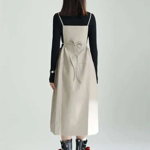 Load image into Gallery viewer, Women Apricot PU Leather Big Size Spaghetti Strap Dress New Square Collar Loose Fit Fashion Spring Autumn 2025 1DF4804
