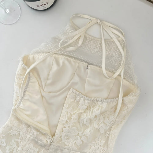 Load image into Gallery viewer, French Summer White Lace Sexy Backless Elegant Bow Evening Dress Women Sleeveless Halter Lace-up Vacation Party Gown Short Dress
