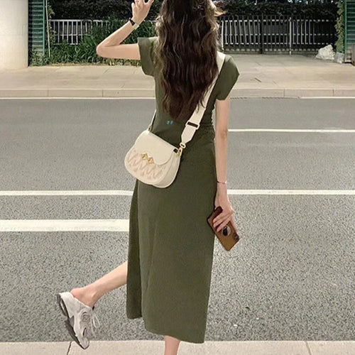 Load image into Gallery viewer, Chic Green Slim Waist Elegant Women&#39;s Dresses Summer Pleated Slight Stretch Sexy Fashion Female Dresses High Street
