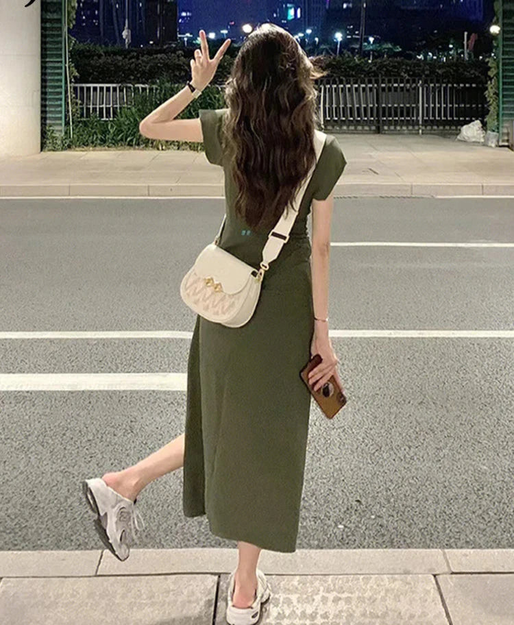 Chic Green Slim Waist Elegant Women's Dresses Summer Pleated Slight Stretch Sexy Fashion Female Dresses High Street