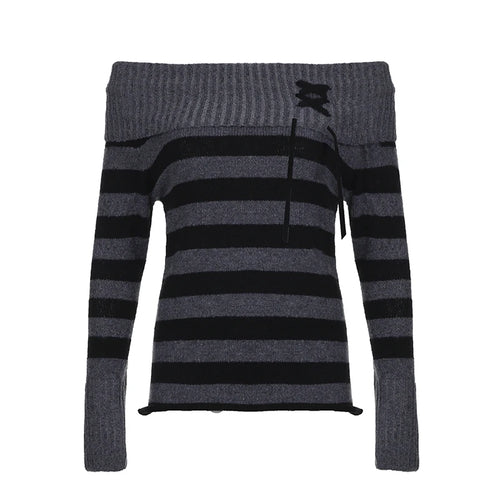 Load image into Gallery viewer, Vintage Stripe Winter Sweater Women Knitted Pullover Off Shoulder Gothic Fashion Lace Up Preppy Style Jumper Knitwear
