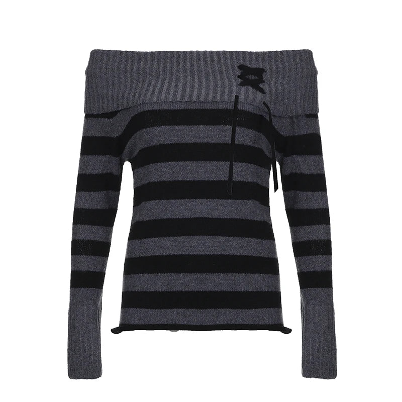 Vintage Stripe Winter Sweater Women Knitted Pullover Off Shoulder Gothic Fashion Lace Up Preppy Style Jumper Knitwear