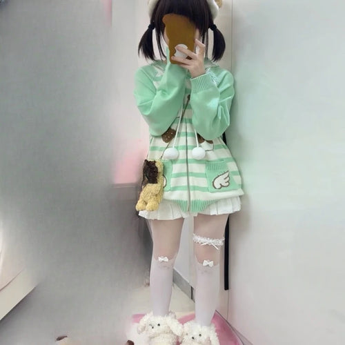 Load image into Gallery viewer, Harajuku Knitted Stripe Hooded Cardigan Women Y2k Aesthetic Cartoon Jacquard Casual Loose Sweater Grunge Vintage Drawstring Tops
