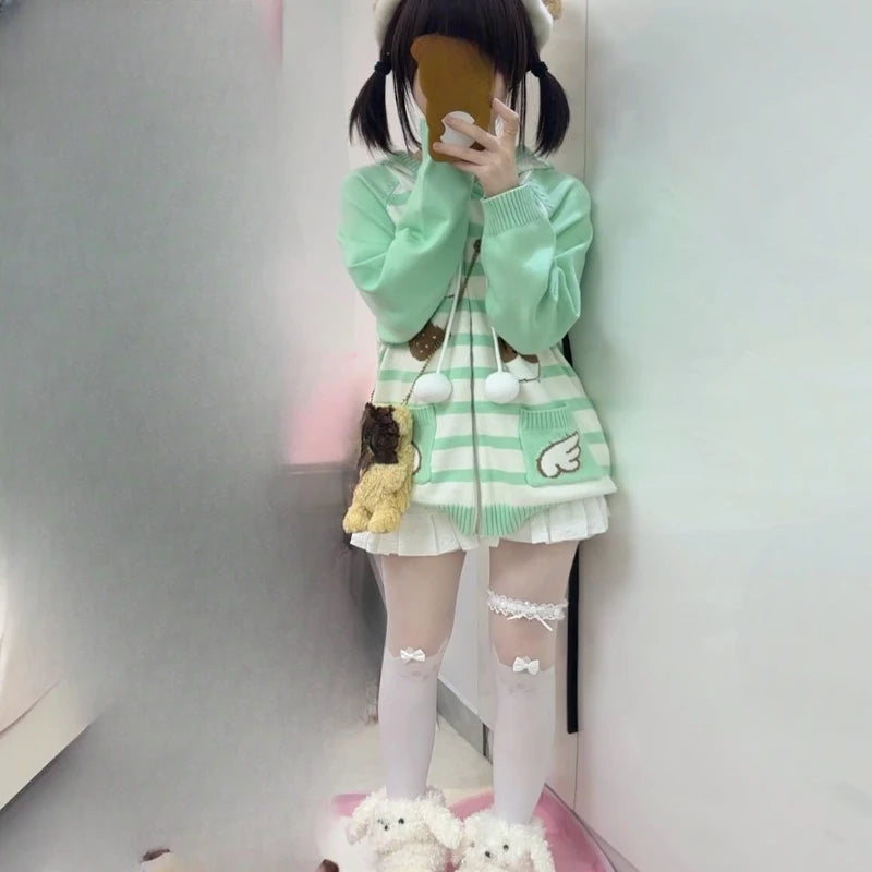 Harajuku Knitted Stripe Hooded Cardigan Women Y2k Aesthetic Cartoon Jacquard Casual Loose Sweater Grunge Vintage Drawstring Tops