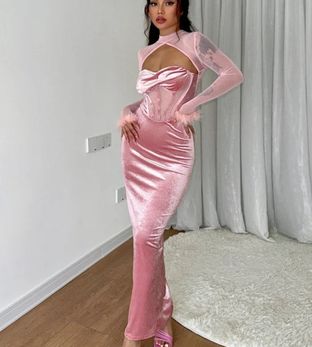 Feather Mesh Long Sleeve Patchwork Velvet Hollow Out Elegant Sexy Maxi Dress 2022 Winter Birthday Party Y2K Outfit