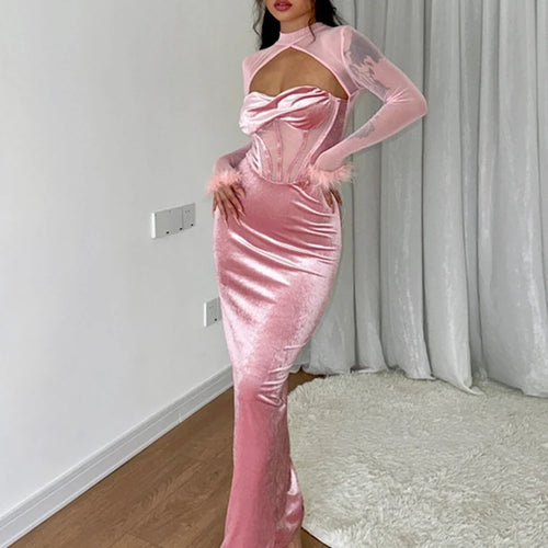 Load image into Gallery viewer, Feather Mesh Long Sleeve Patchwork Velvet Hollow Out Elegant Sexy Maxi Dress 2022 Winter Birthday Party Y2K Outfit

