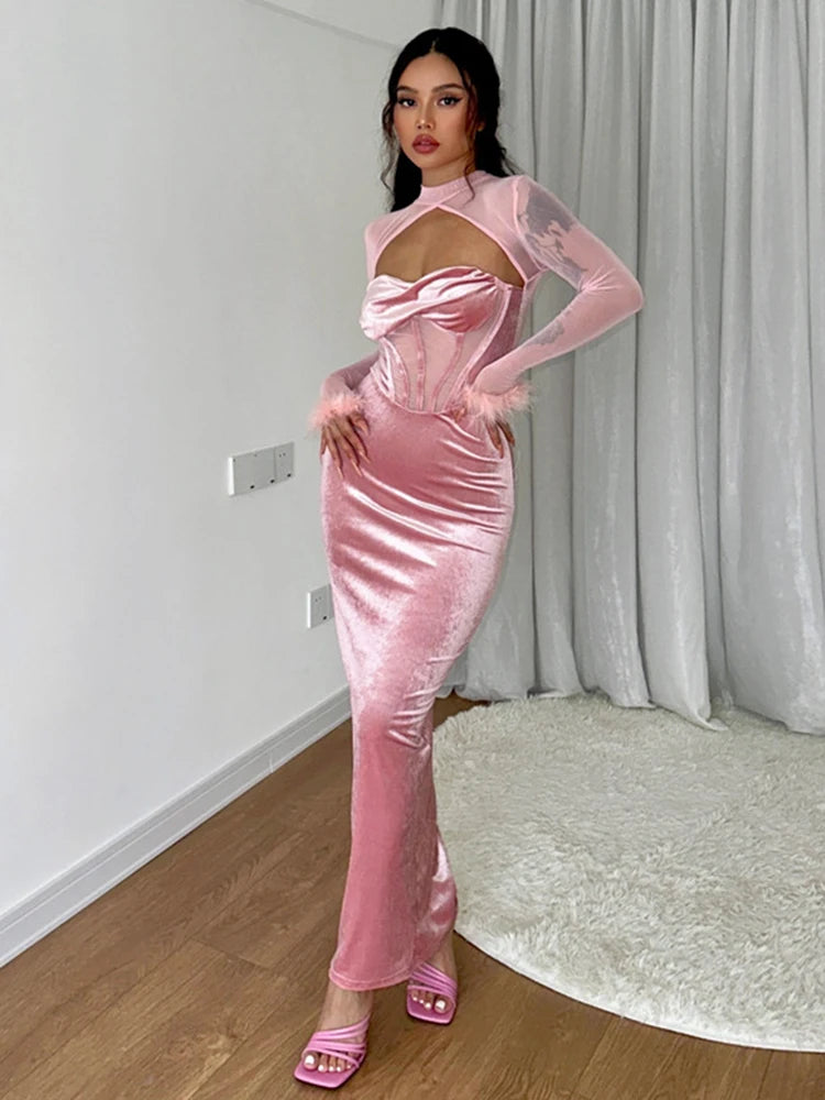 Feather Mesh Long Sleeve Patchwork Velvet Hollow Out Elegant Sexy Maxi Dress 2022 Winter Birthday Party Y2K Outfit