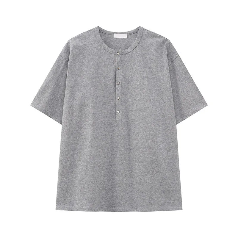 Men's Short Sleeve T-shirts New Summer Solid Color Casual Style Button Half Open Design Round Collar Loose Male Top 9W1600