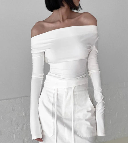 Fashion Chic Slash Neck T shirt Women Long Sleeve Slim White Elegant Autumn Tee Shirts Backless Tie Up Top All-Match