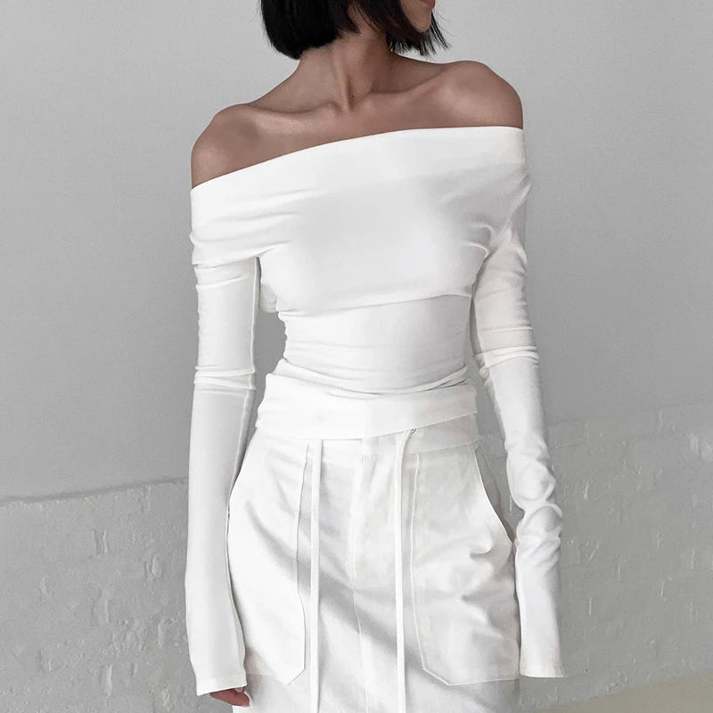 Fashion Chic Slash Neck T shirt Women Long Sleeve Slim White Elegant Autumn Tee Shirts Backless Tie Up Top All-Match