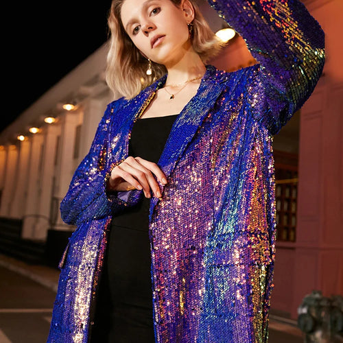 Load image into Gallery viewer, Loose Fit Blue Sequins Big Size Casual Jacket New Lapel Long Sleeve Women Coat Fashion Tide Spring Autumn 2025 1DE3504
