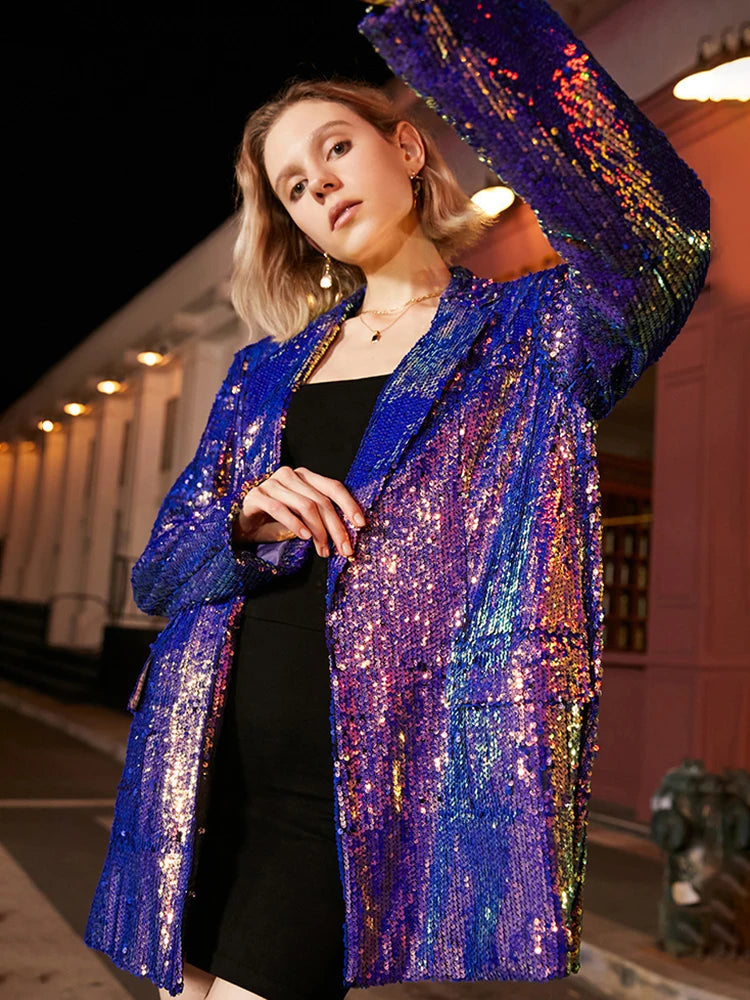 Loose Fit Blue Sequins Big Size Casual Jacket New Lapel Long Sleeve Women Coat Fashion Tide Spring Autumn 2025 1DE3504