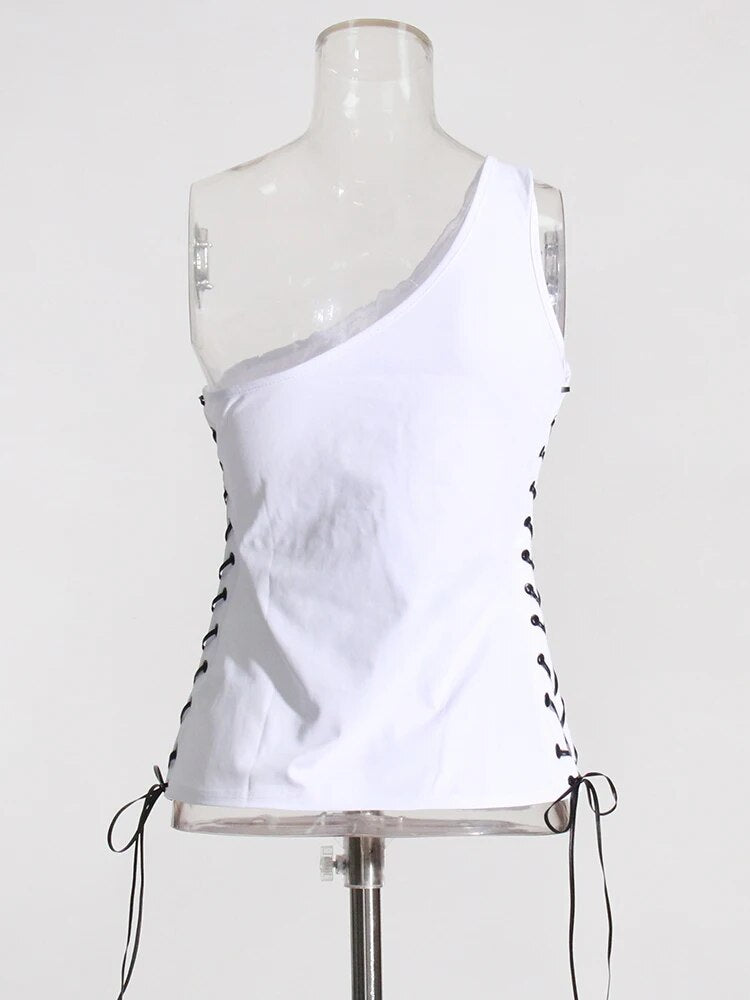 Patchwork Lace Up Tank Top For Women Diagonal Collar Sleeveless Hit Color Sexy Casual Vest Female Fashion Clothing