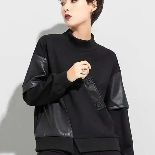 Load image into Gallery viewer, Women Black Pu Leather Irregular Big Size Casual T-shirt New Round Neck Long Sleeve Fashion Spring Autumn 2025 1DF4655
