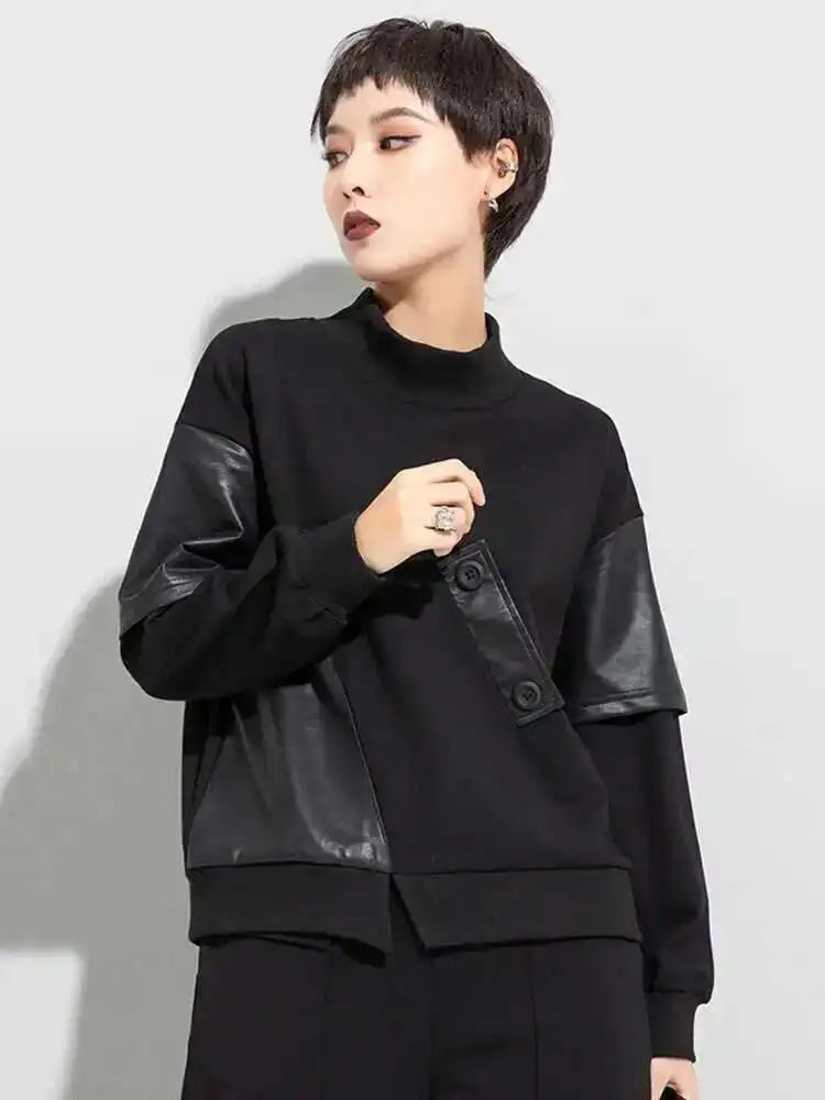 Women Black Pu Leather Irregular Big Size Casual T-shirt New Round Neck Long Sleeve Fashion Spring Autumn 2025 1DF4655