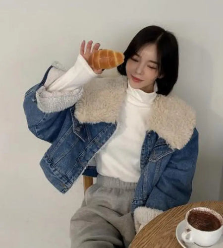 New Autumn Winter Women Blue Lambs Wool Thick Denim Jacket Loose Jean Coat Female Casual Warm 2023 Black Cardigans Outerwear Y2k