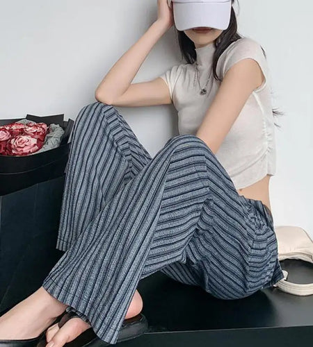 Spring Summer 2024 New Blue Gray Patchwork Drawstring Striped High Waist Wide Leg Long Pants Women's Loose Pleated Trousers Chic