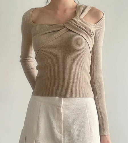 y2k Crop Tops Women Sexy Clothes Hollow Out Asymmetric Twist Front Square Neck Long Sleeve Knitted T Shirts Streetwear