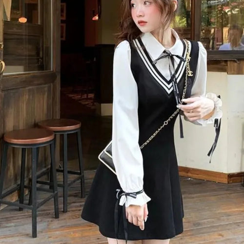 Load image into Gallery viewer, Preppy Style School Dress Polo Korean Fashion Kawaii Student Fake Two Pieces Mini Short Dresses Autumn Chic
