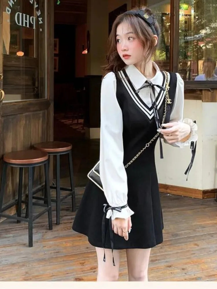 Preppy Style School Dress Polo Korean Fashion Kawaii Student Fake Two Pieces Mini Short Dresses Autumn Chic