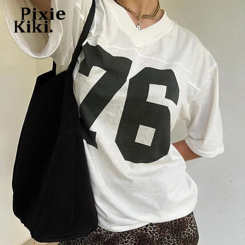 Load image into Gallery viewer, Baggy Y2k Shirt Graphic Tee Summer Clothes for Women Street Fashion Casual Oversize V Neck Short Sleeve Tops P77-BE17
