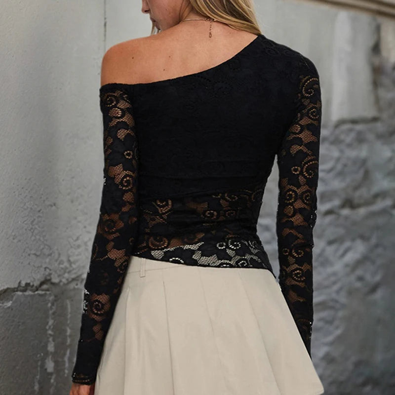 Vintage Skew Neck Lace Hook Flower Summer T-shirts Women Elegant Skinny Flare Sleeve Crop Tops Chic Asymmertical Hem