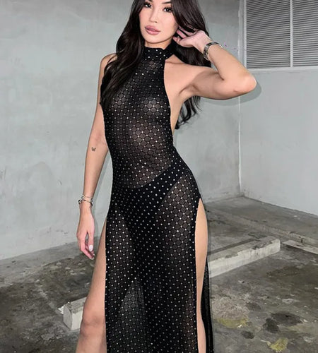 Sexy Backless Slit Perspective Dress For Women Hanging Neck Bodycon Elegant Evening Dress Female Slim Party NightClubwear