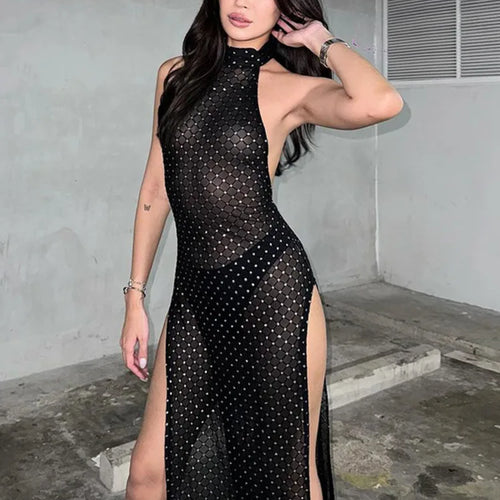 Load image into Gallery viewer, Sexy Backless Slit Perspective Dress For Women Hanging Neck Bodycon Elegant Evening Dress Female Slim Party NightClubwear
