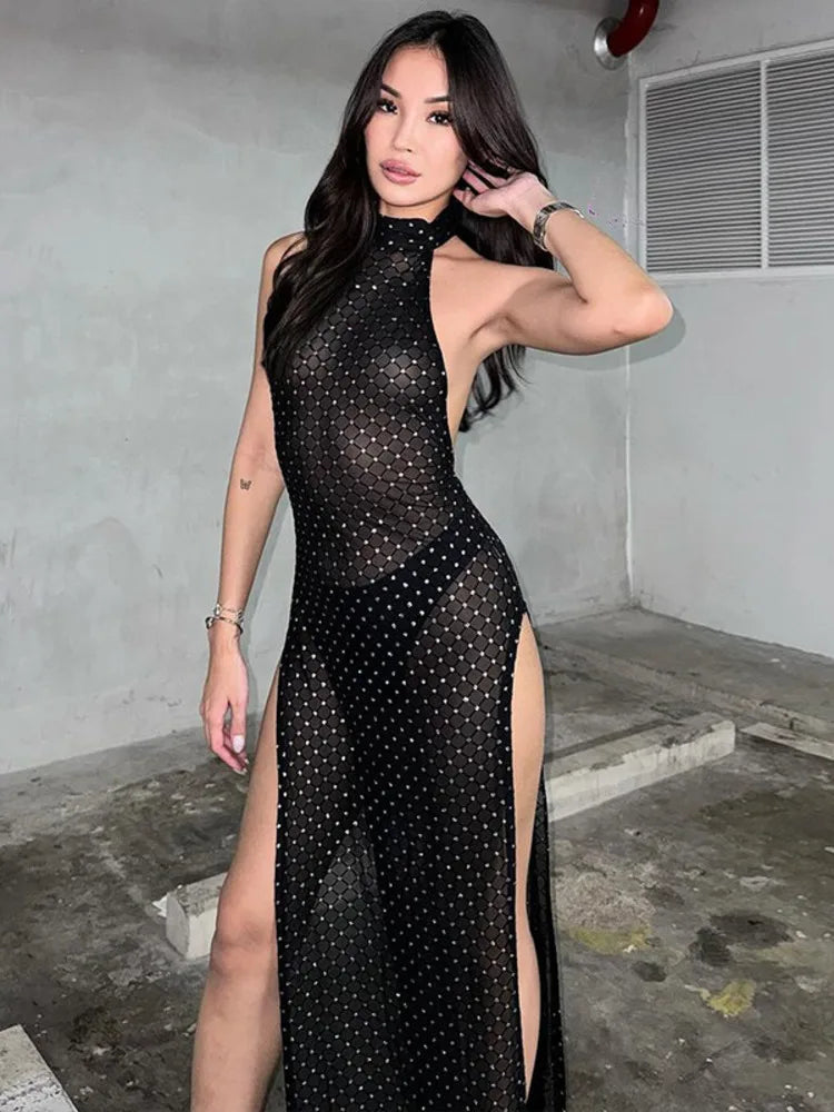 Sexy Backless Slit Perspective Dress For Women Hanging Neck Bodycon Elegant Evening Dress Female Slim Party NightClubwear