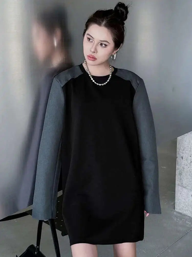 Women Black Color-block Blazer Fabric Elegant Mini Dress New Round Neck Long Sleeve Fashion Spring Autumn 2025 1DH9822